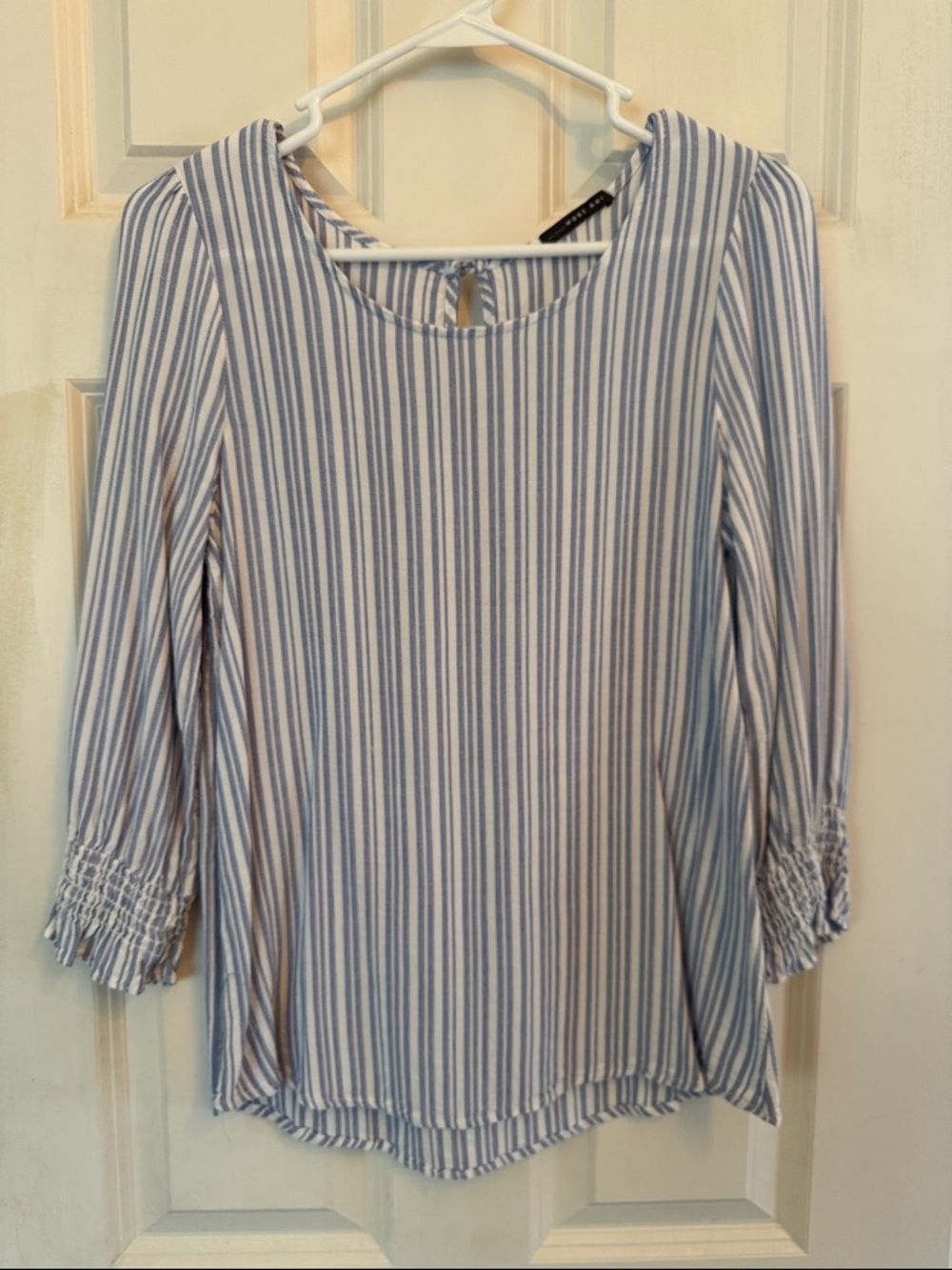 West Kei Blue & White Vertical Stripe Scoop Neck Blouse